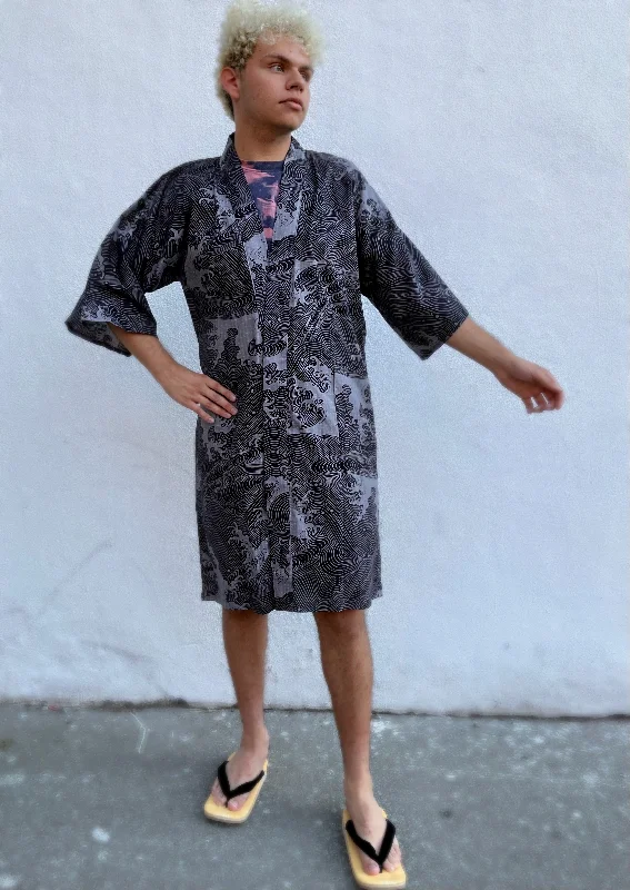 Kimono Robe - stormy waves grey black