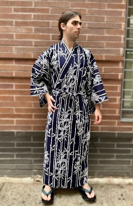 Kimono Sleeve Robe - long - dragons/bamboo stripes in navy/white