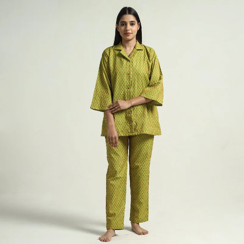 Parrot Green - Jacquard Cotton Top & Pyjama Night Suit Set