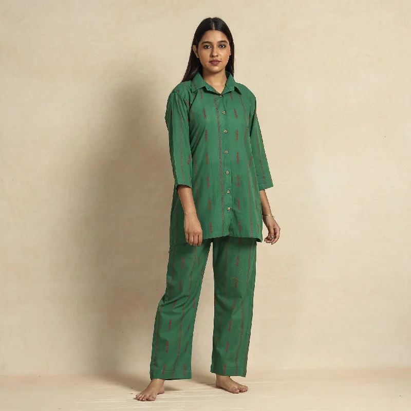 Dark Green - Jacquard Cotton Top & Pyjama Night Suit Set