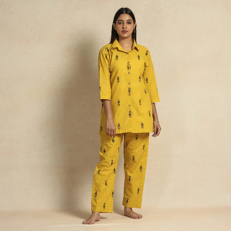 Yellow - Jacquard Cotton Top & Pyjama Night Suit Set