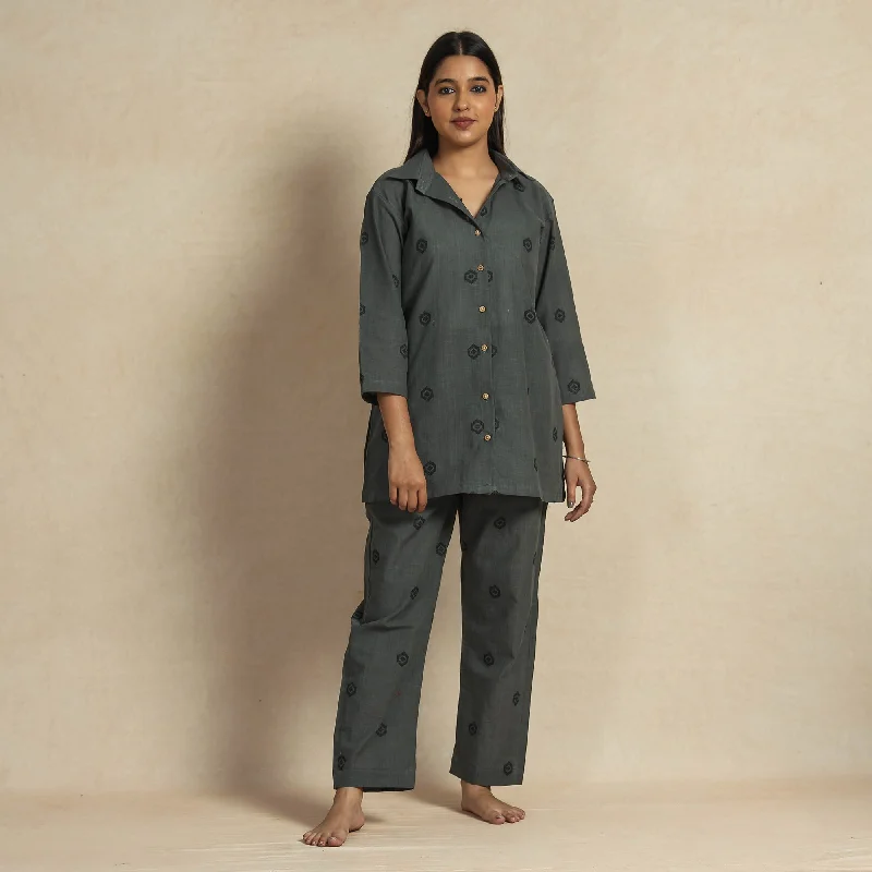 Dark Grey - Jacquard Cotton Top & Pyjama Night Suit Set