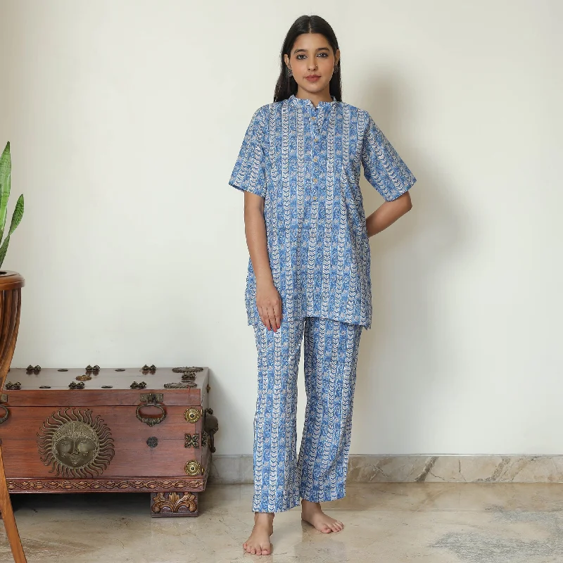 Blue - Sanganeri Block Printed Cotton Night Suit Set 08