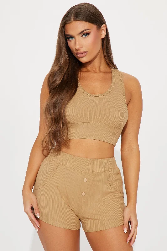 Relax Mode Ribbed PJ Short Set - Tan