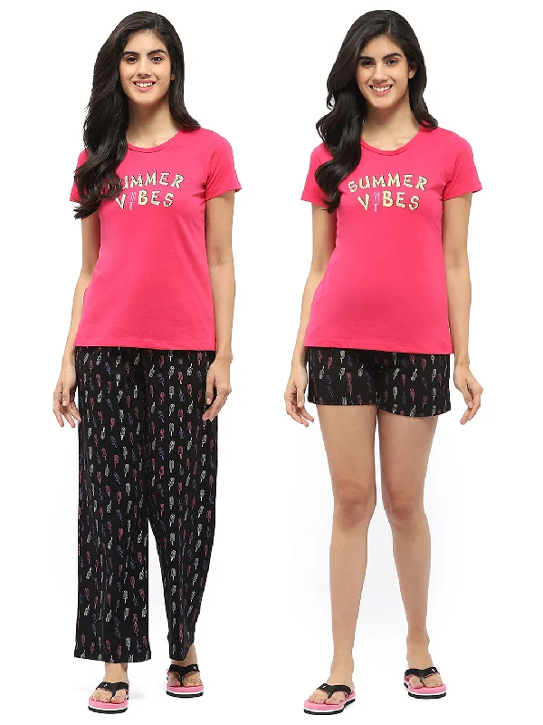 Msecret Hot Pink T-shirt with Graphic Print Pajama and Shorts Night Suit