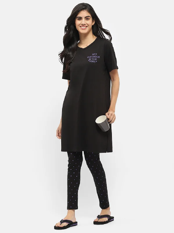 Msecret Typography Black Sleep Shirt with Pajama Night Suit