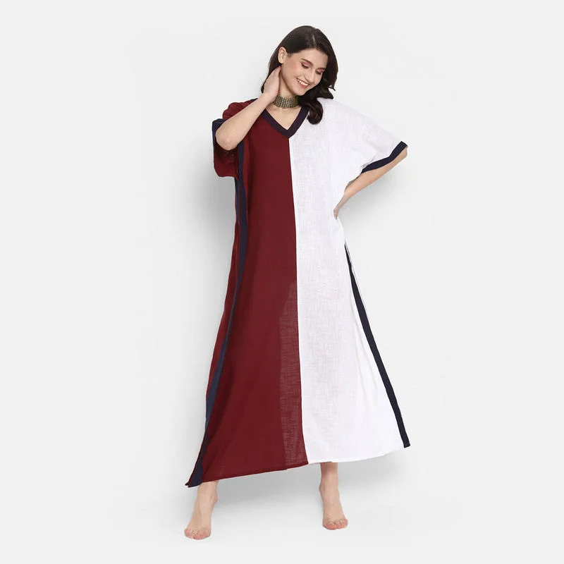 Cotton V-Neck Kaftan | White & Maroon