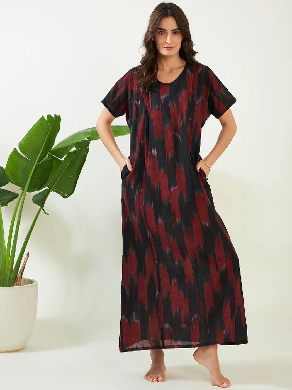 Black and Red Handloom Ikat Cotton Nightdress