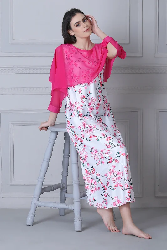 Floral Print Satin Nighty with Chiffon cape White & Pink