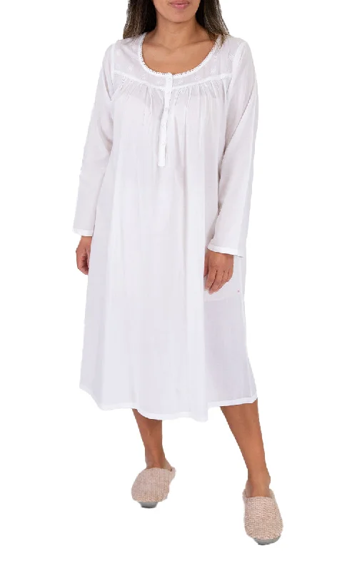 French Country 100% Cotton Nightgown with Long Sleeve in White FCA550