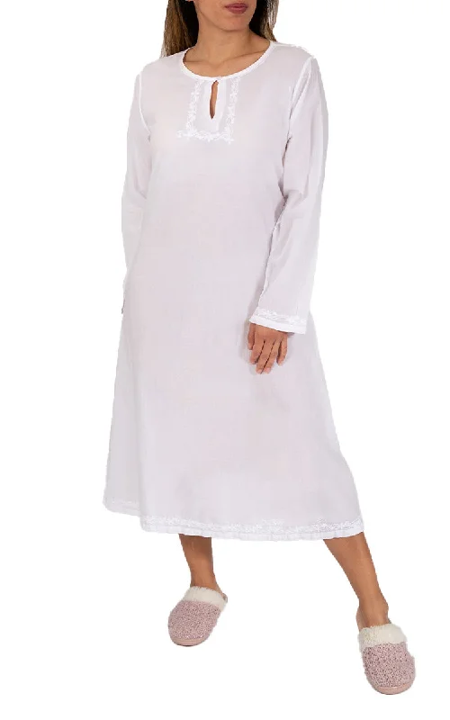 French Country 100% Cotton Nightgown with Long Sleeve in White FCS331V