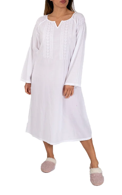 French Country 100% Cotton Nightgown with Long Sleeve in White FCS366V