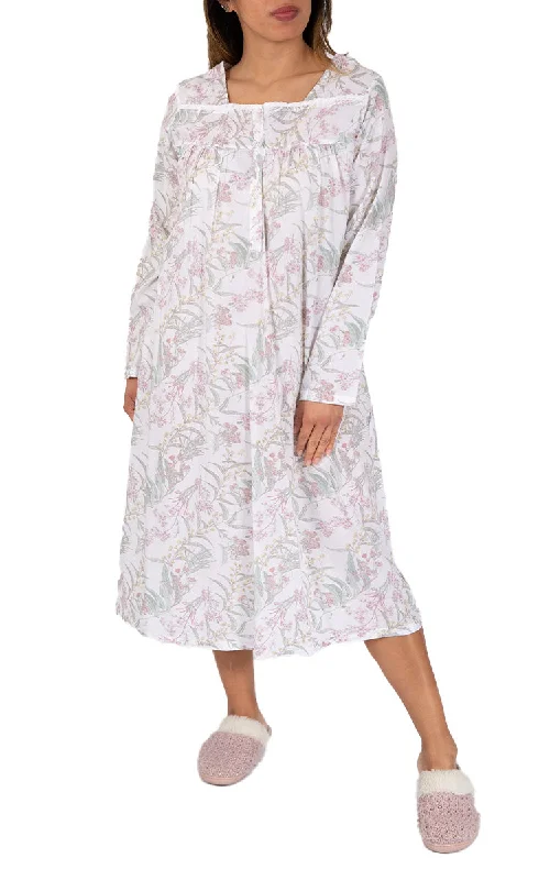 French Country 100% Cotton Nightgown with Long Sleeve in White Floral FCU371