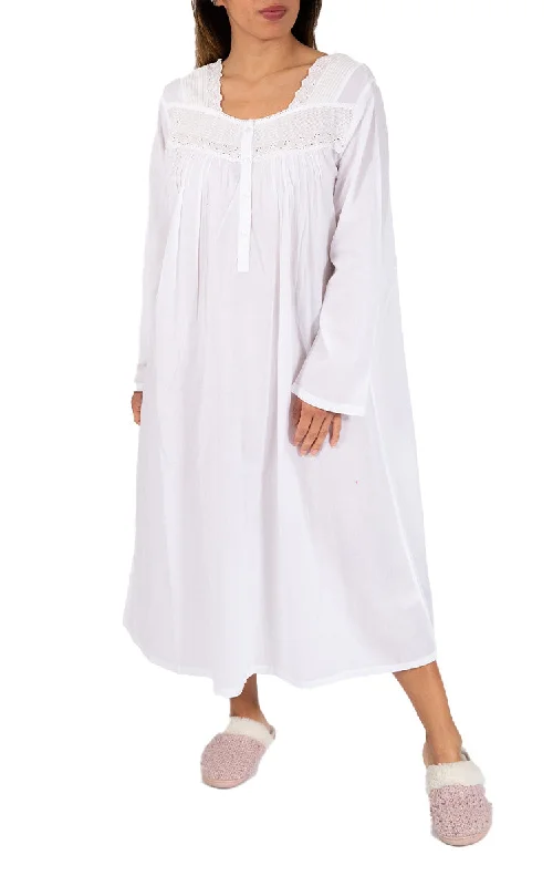 French Country 100% Cotton Nightgown with Long Sleeve in White FCU383