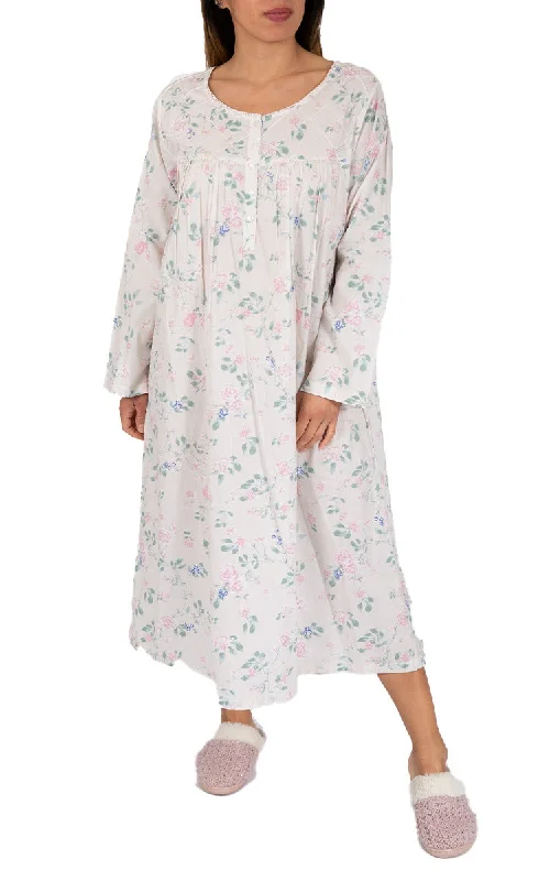 French Country 100% Cotton Nightgown with Long Sleeve in White Floral FCU390