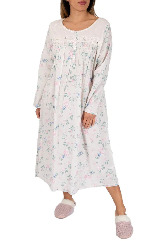 French Country 100% Cotton Nightgown with Long Sleeve in White Floral FCU391