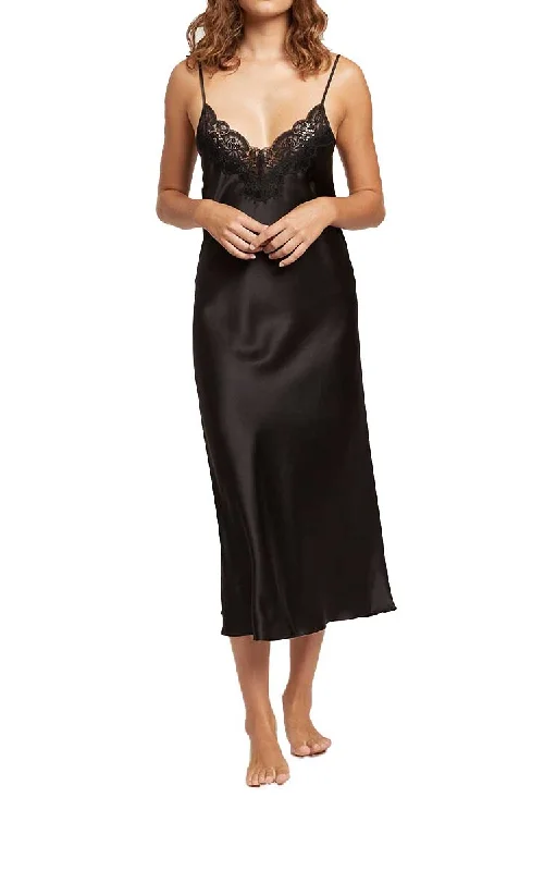 Ginia 100% Silk Nightgown with Lace in Black GPM401 SALE