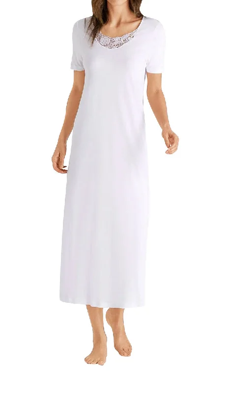 Hanro 100% Cotton Nightgown with Short Sleeve in White Flora 6614 SALE