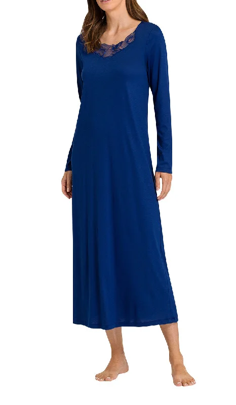 Hanro 100% Cotton Nightgown with Long Sleeve in Space Blue Paola 6055