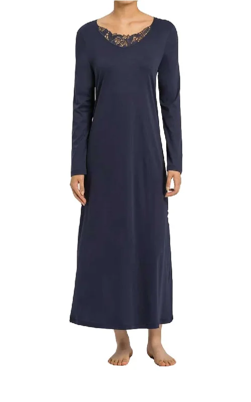 Hanro 100% Cotton Nightgown with Long Sleeve in Blueberry Felice 7980