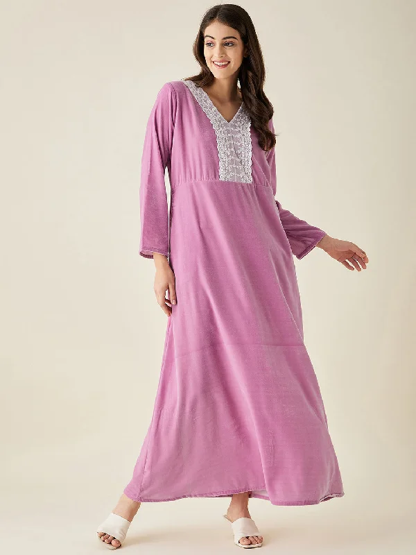 Lilac Velvet Nightdress with Lace