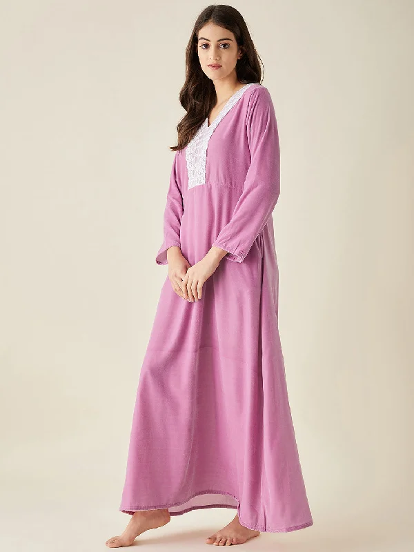 Lilac Velvet Nightdress with Lace