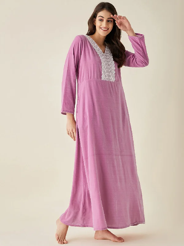 Lilac Velvet Nightdress with Lace