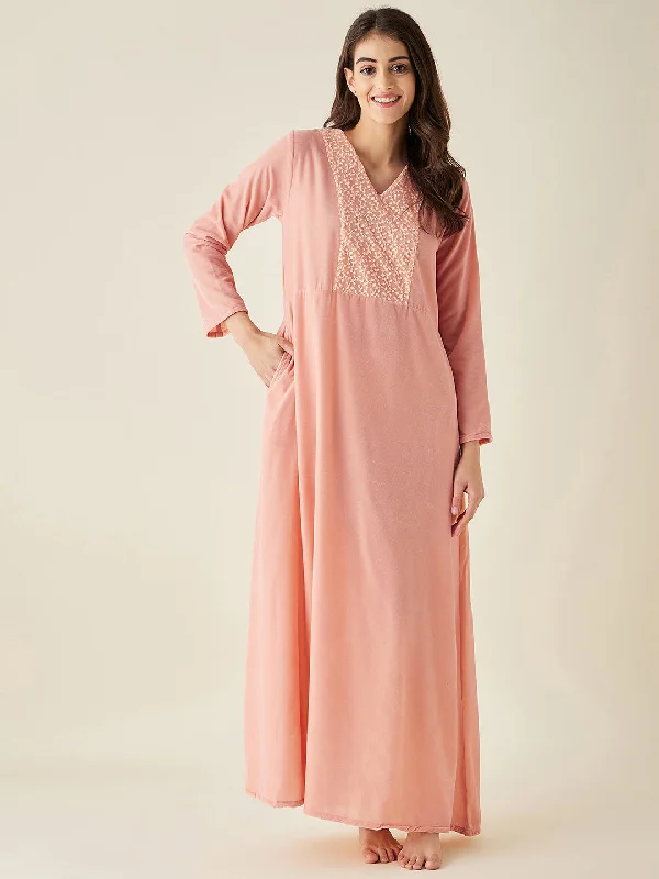 Peach Velvet Nightdress with Lace