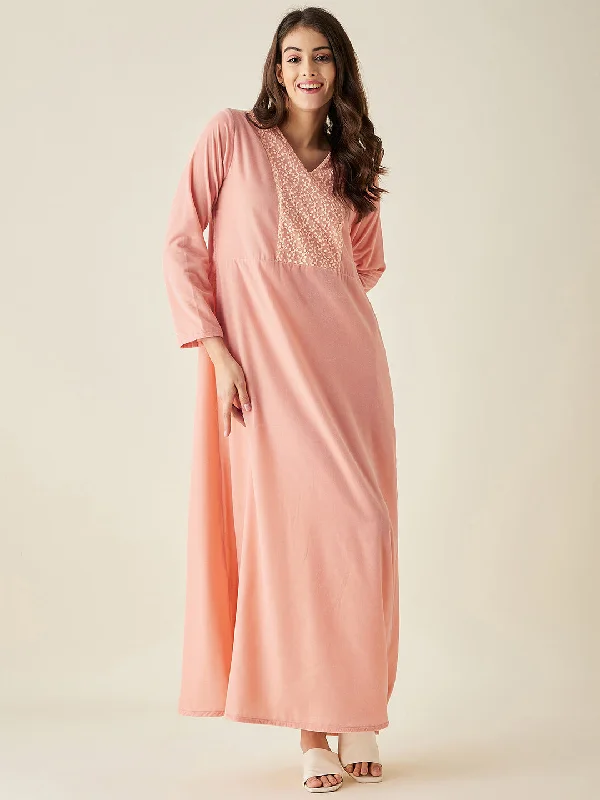 Peach Velvet Nightdress with Lace