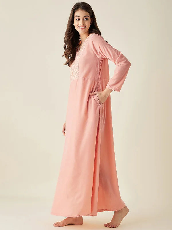 Peach Velvet Nightdress with Lace