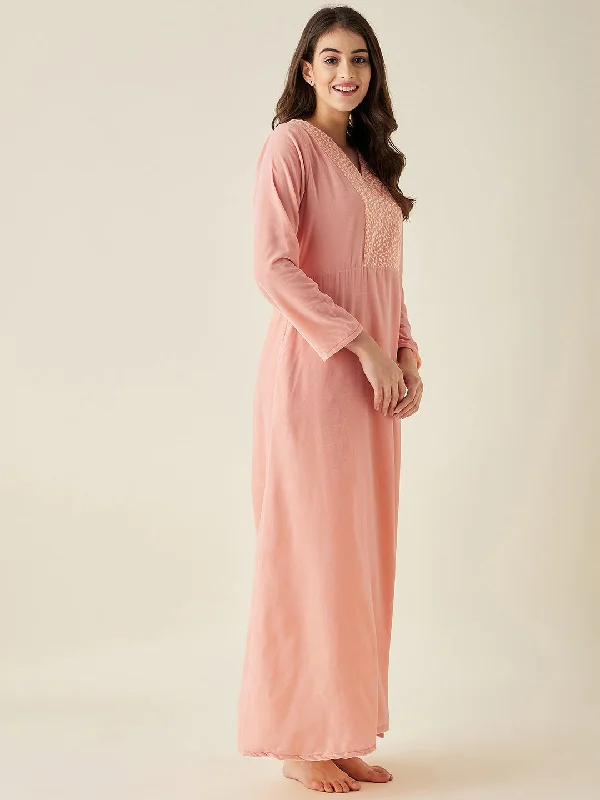 Peach Velvet Nightdress with Lace