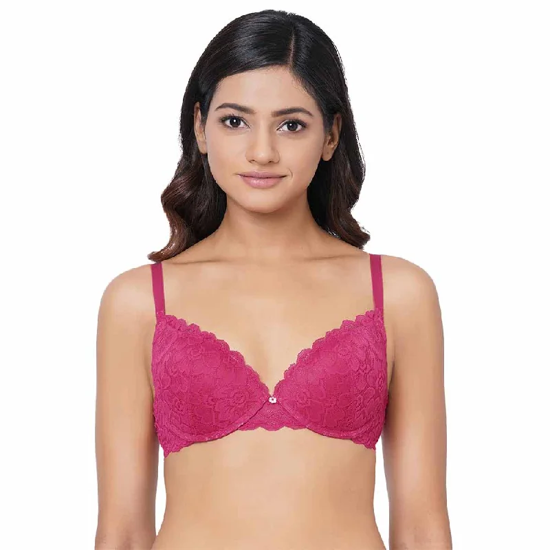 Plush Desire Padded Wired 3/4th Cup Bridal Wear Medium coverage Lace Push Up Bra - Pink