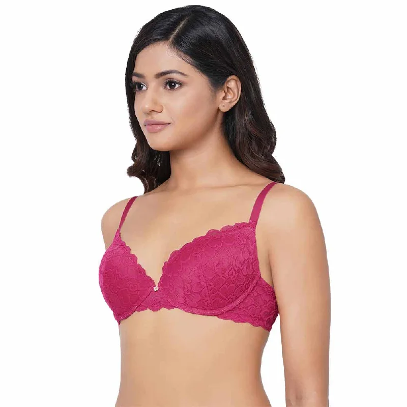 Plush Desire Padded Wired 3/4th Cup Bridal Wear Medium coverage Lace Push Up Bra - Pink