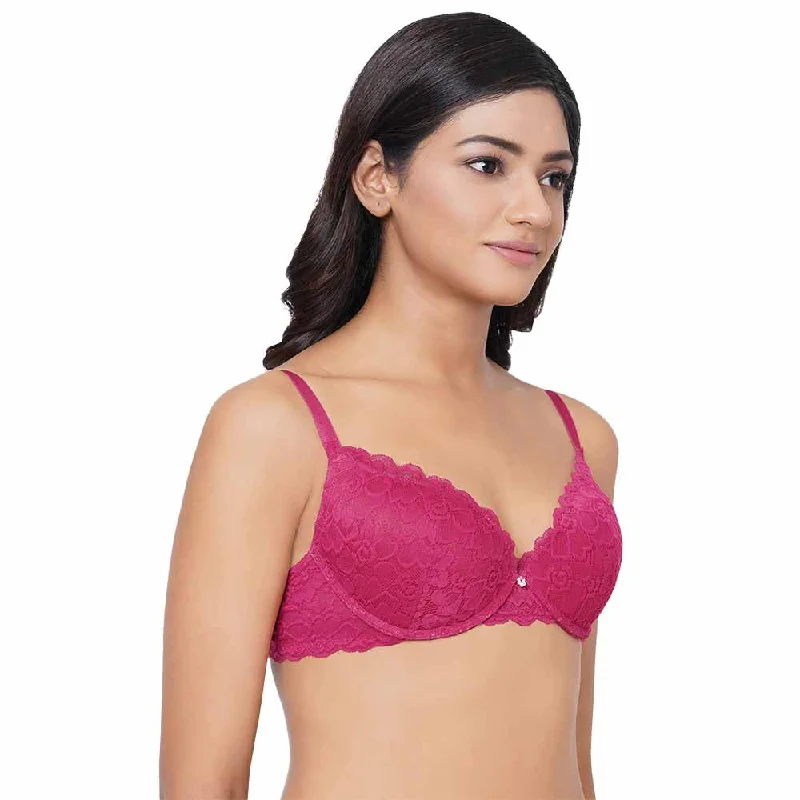 Plush Desire Padded Wired 3/4th Cup Bridal Wear Medium coverage Lace Push Up Bra - Pink