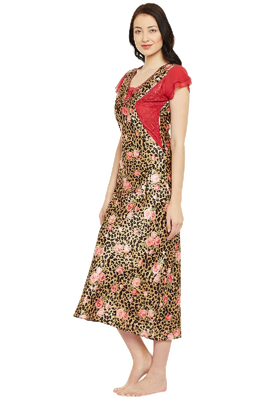 Printed Long Nighty In Gold Color