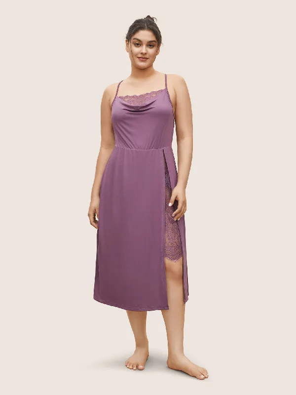 Cowl Neck Lace Panel Split Side Sleep Dress