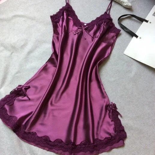 Sleepwear-Women Silk Satin Night Dress, Dark Purple