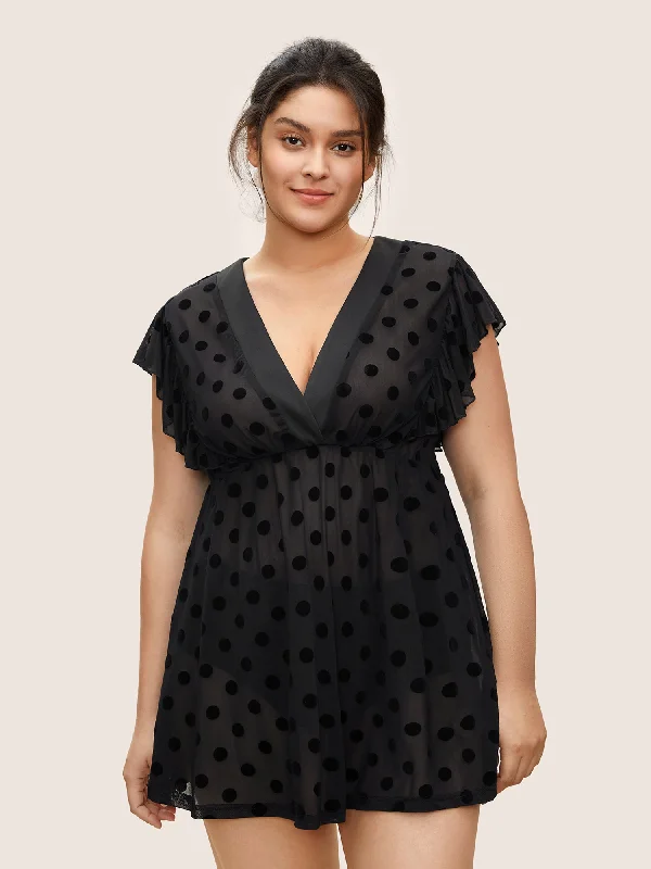 Polka Dot Mesh Ruffle Cap Sleeve Sleep Dress