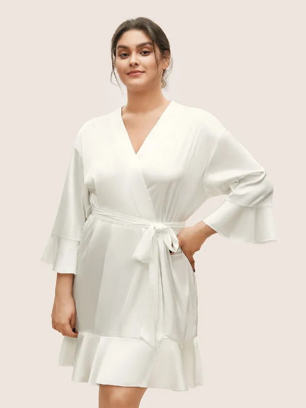 Solid Rhinestone Flutter Sleeve Belted Robe