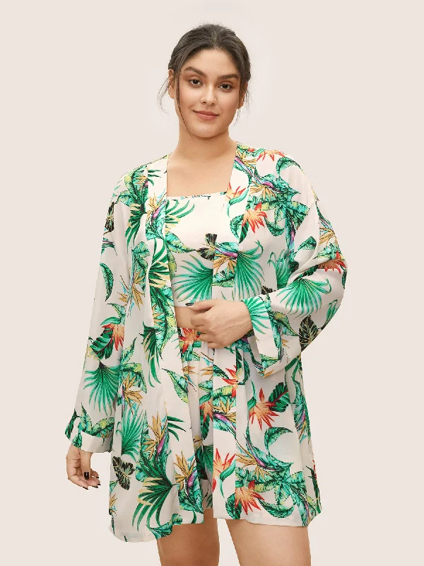 Tropical Print Contrast Open Front Robe