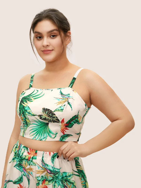 Tropical Print Contrast Shirred Cami Sleep Top