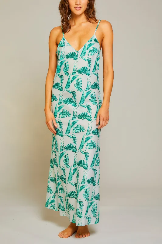 Banana Leaves V Back Nightgown - Sky Grey