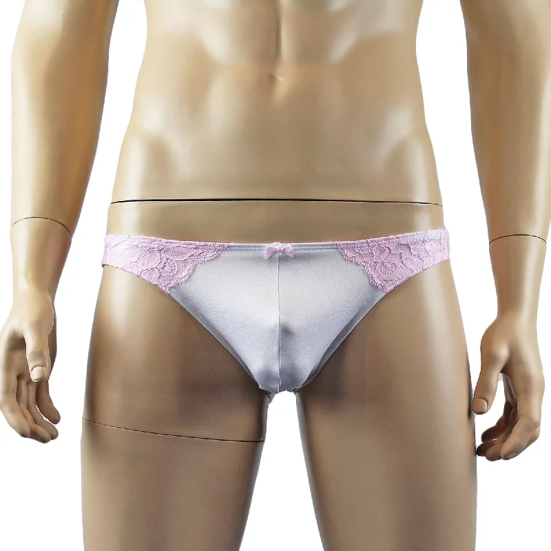 Mens Isabel Panty Stretch Spandex & Lace Bikini Brief with Sexy Back White and Pink Lace