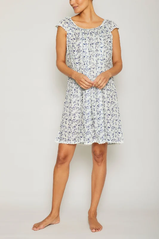 Cotton Nightgown with Flower Trim - Navy Coastal Floral