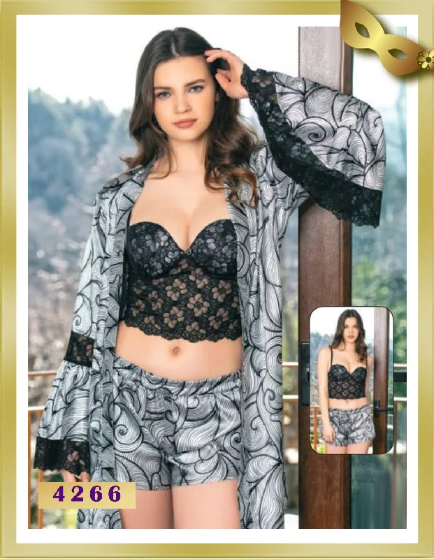 Short Lingerie Satin with Lace Bustier Pajamas with Robe 4266