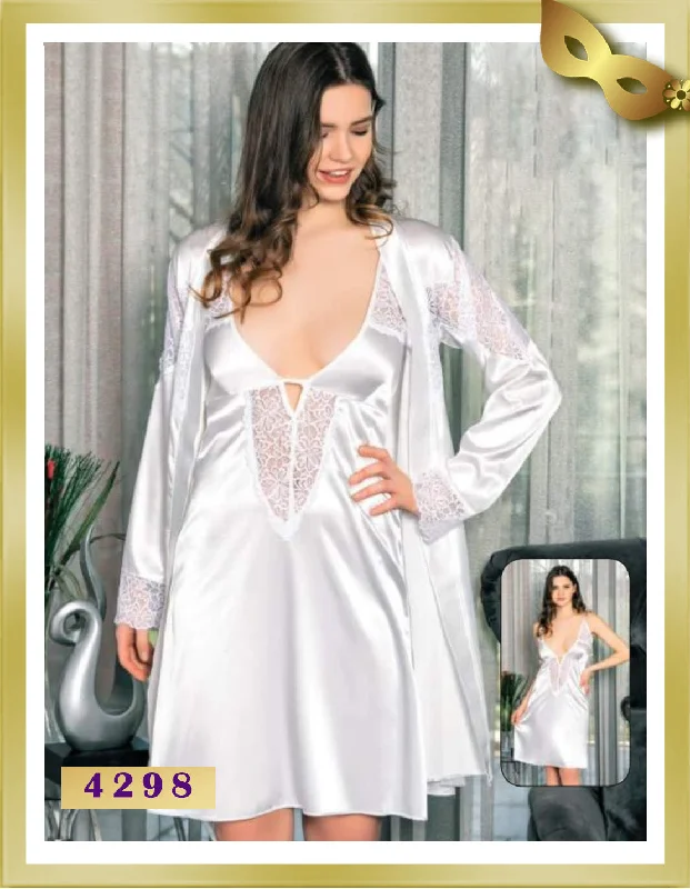 Short Satin with Lace Lingerie Nightgown & Robe Set 4298