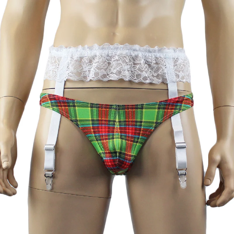 Mens Plaid Tartan Sexy Mini Thong & White Sexy Garterbelt Set Green and Red