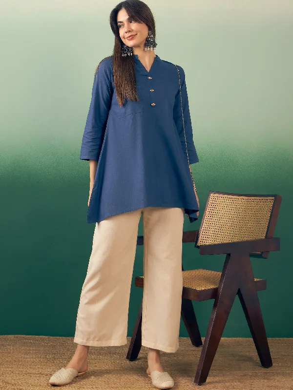 Midnight Blue Manderian V Neck Button Kurta Cream Pant Set