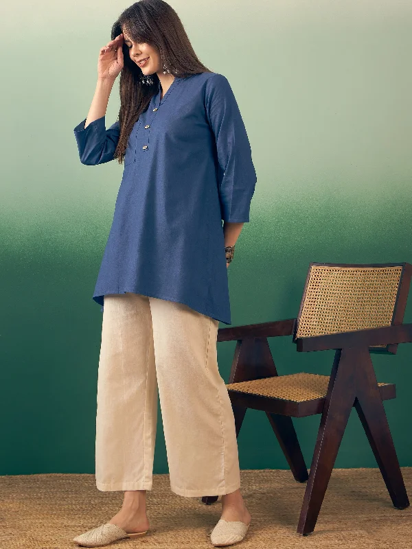 midnight-blue-manderian-v-neck-button-kurta-cream-pant-set-1