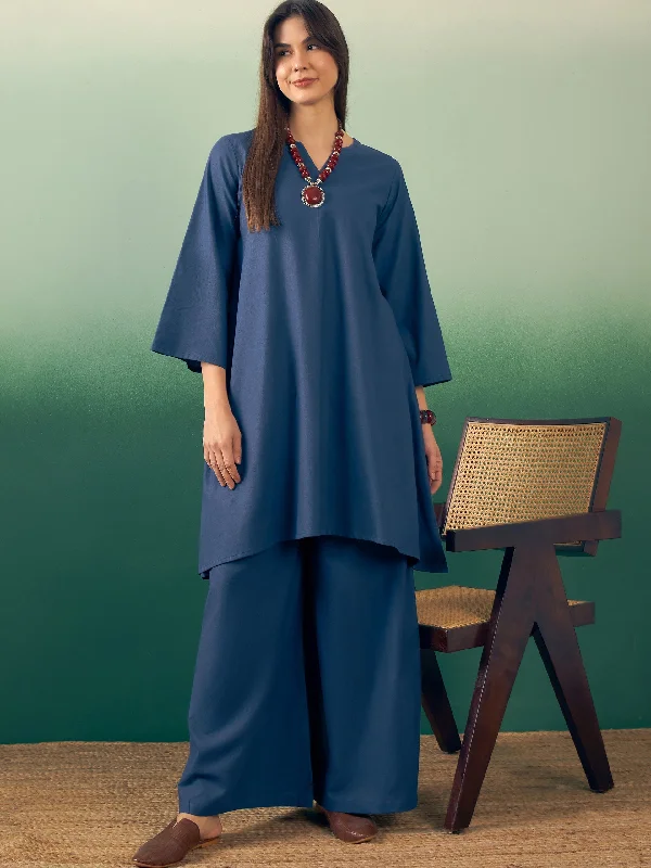 Midnight Blue V Neck Long Full Sleeve Kurta Palazzo Set